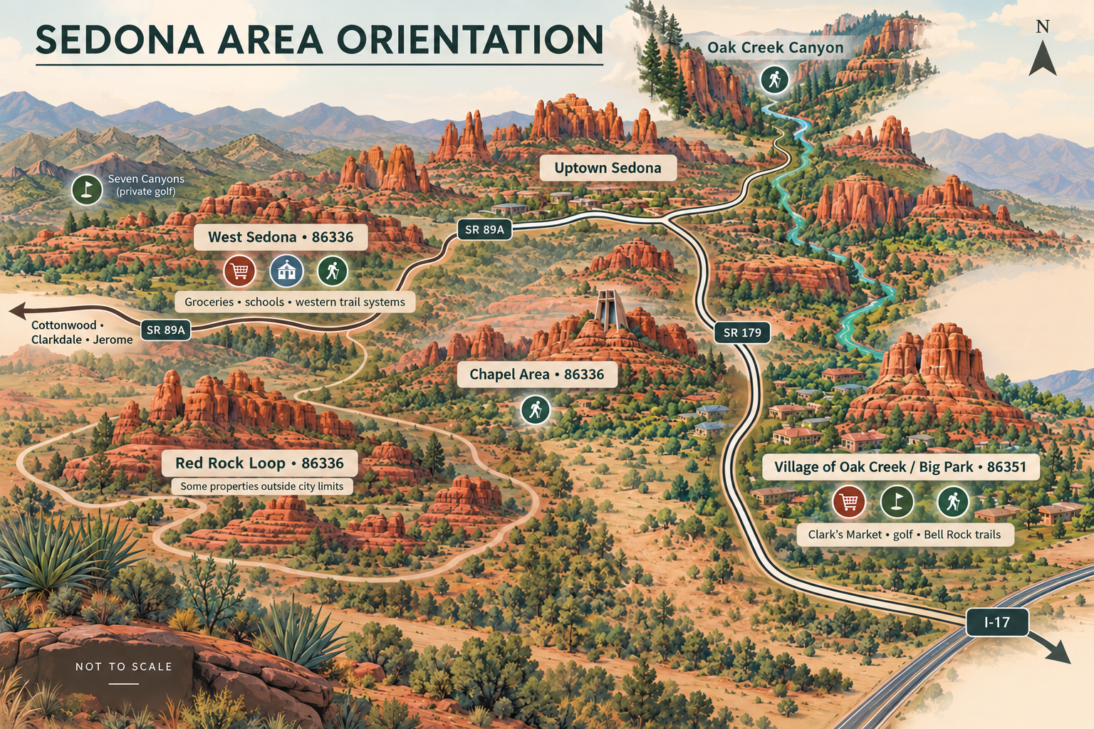 Illustrated, not-to-scale orientation map comparing Sedona and the Village of Oak Creek, Arizona
